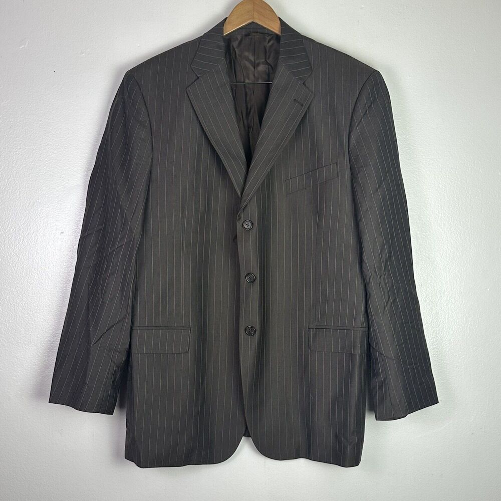 Galante Uomo Super 120s Wool 2 Button Blazer 46L Brown Stripe Blazer Coat Jacket